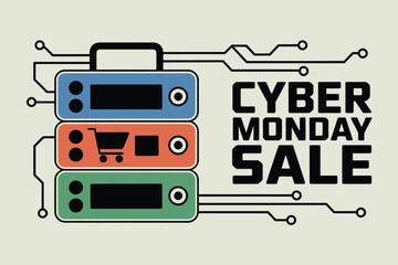 Cyber monday sale promotion featuring stacked server units and circuit board style graphics