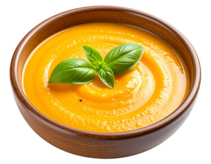 Orange Soup in Rustic Bowl with Basil, Isolated on Transparent Background