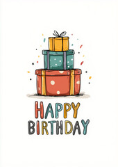 handgezeichnete Geschenkstapel-Illustration mit Schleifen und Konfetti, farbenfroh und minimalistisch auf wei&szlig;em Hintergrund; Einladung, Gl&uuml;ckwunsch, Poster & Social-Media-Vorlage, Geburtstagskarte, H