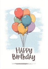 Geburtstagskarte Illustration &ndash; bunte Luftballons mit &bdquo;Happy Birthday&ldquo;-Schriftzug, handgezeichneter Comicstil mit Textur und Wolken; fr&ouml;hliche Gru&szlig;karte, Einladung, Kindergeburtstag