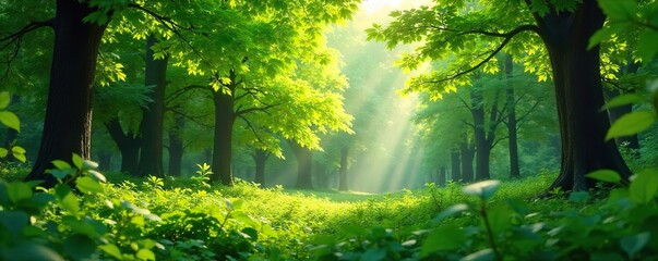Fototapeta premium Lush forest green foliage fills the frame, sunlight dappling through leaves, creating a vibrant and tranquil scene Perfect for nature, eco, and spring themes , plant life, woods