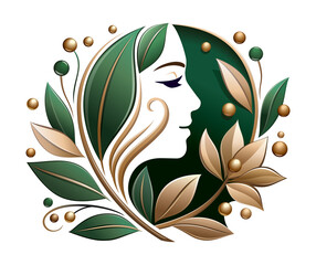 abstract illustration with portrait of a woman, flowers and leaves