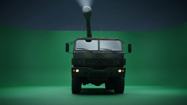8x8 Military Truck Mounted Cannon - Green Screen - A front view of a military 8x8 truck with a large cannon mounted on it.