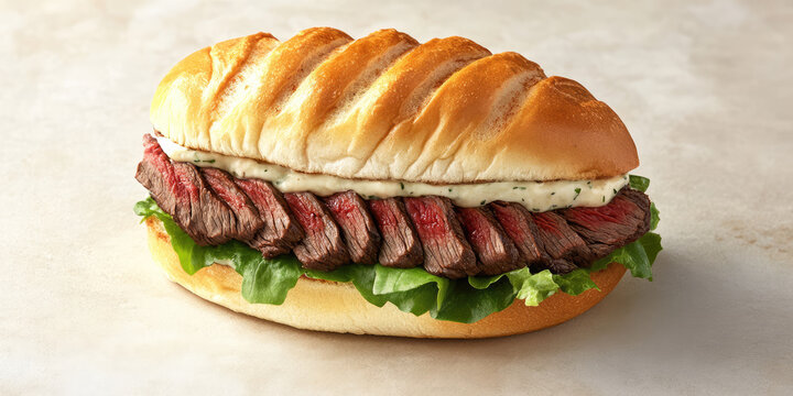 A sandwich with sliced steak, lettuce, and sauce is placed on a light surface. Delicious steak sandwich, appetizing food