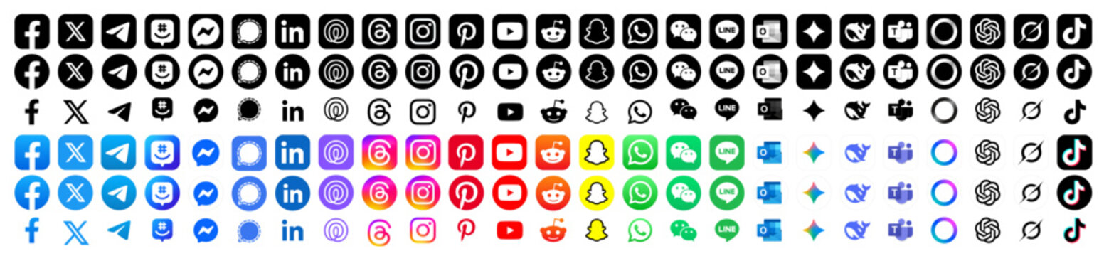 Threads, Instagram, TikTok, X, Facebook, Whatsapp, Twitter, YouTube, Telegram, Snapchat, Pinterest, Reddit, Messenger, Deezer, Spotify and LinkedIn app icons. Set of social media logos