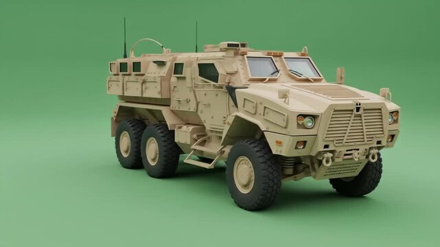 Military MRAP Vehicle on Green Screen - A beige military Mine Resistant Ambush Protected (MRAP) vehicle is shown in a front three-quarter view against a solid green screen background.