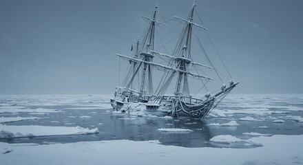 Fototapeta premium Frozen historic ship in ice covered ocean