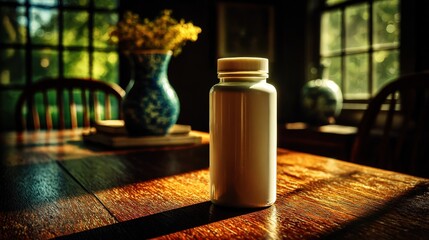 Sunlit Pill Bottle on Wooden Table in Cozy Room