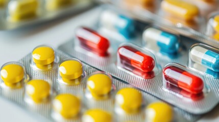 Colorful Pills in Blister Packs on Pharmacy Shelf