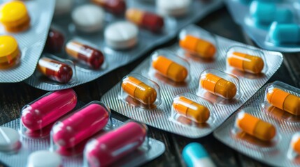 Assorted Colorful Pills in Blister Packs on Table
