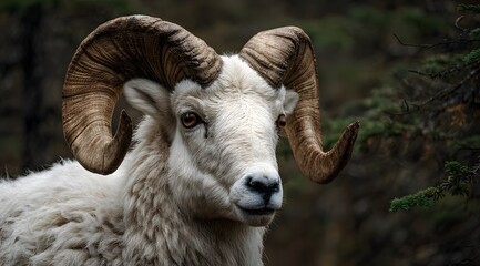 Majestic mountain goat with large curled horns standing proudly against a vibrant teal green forest background