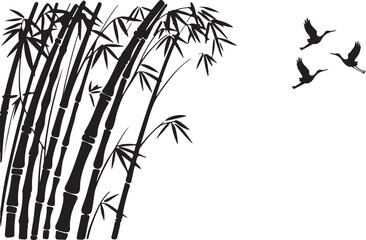 Obraz premium Black Silhouette Bamboo Stalks and Three Flying Cranes plant nature