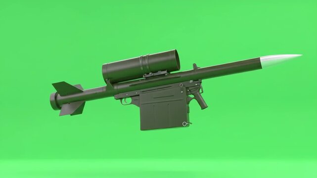 Man-Portable Air-Defense System on Green Screen - A 3D-video model of a man-portable air-defense system (MANPADS) is displayed against a green screen background.
