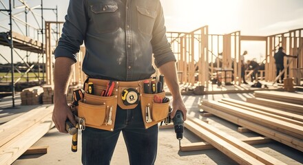 Construction worker with tool belt on site holding drill and hammer with wooden frame in background