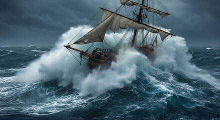Historic sailing ship in a storm