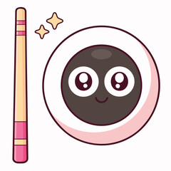 Cute billiard ball with eyes and smile isolated on white background, next to a billiard cue