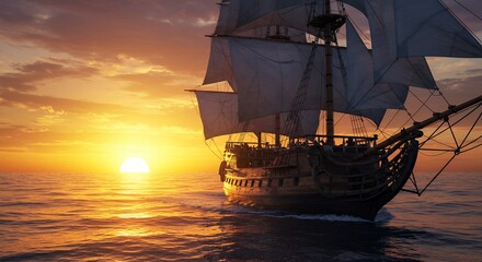 Obraz premium Majestic sailing ship at sunset