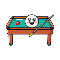 Cute cartoon billiard ball and red ball on a pool table with cue isolated on white background