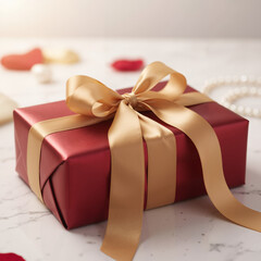 Elegantly wrapped gift box with a gold satin ribbon on a marble surface, surrounded by decorative elements like pearls and heart-shaped confetti