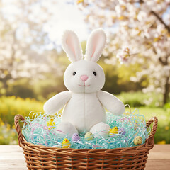 Bunny plush toy with a cheerful mood sitting in an Easter basket with eggs against a spring garden background