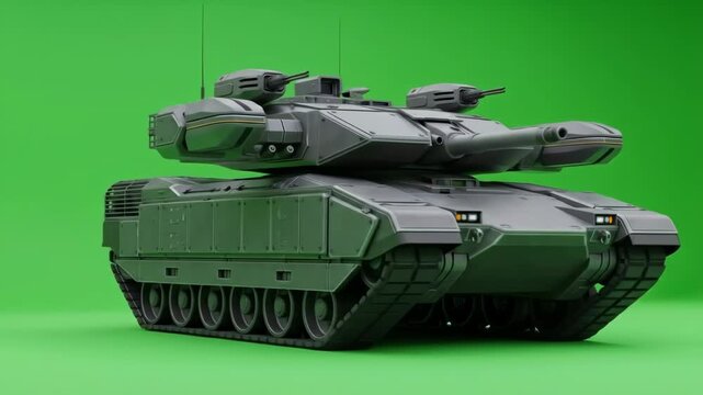 Futuristic Modular Tank on Green Screen - A 3D video of a futuristic combat tank with interchangeable weapon pods, set against a green screen background.