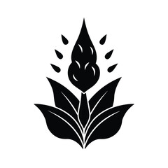 Vector art of minimalist black and illustration of a closed flower bud with surrounding water droplets