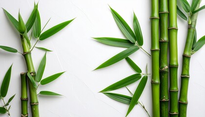 vibrant green bamboo stalks and leaves arranged against a clean, white background