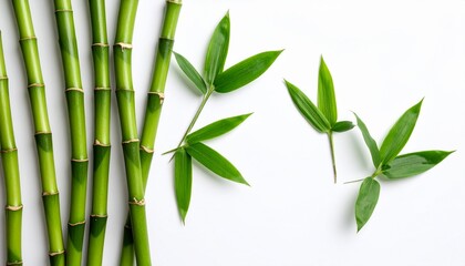 vibrant green bamboo stalks and leaves arranged against a clean, white background
