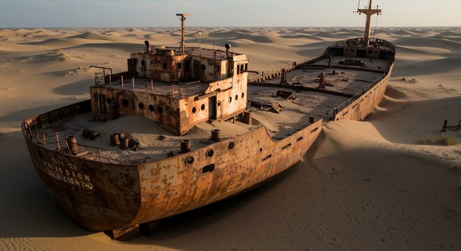 Rusty shipwreck in the desert landscape - Powered by Adobe