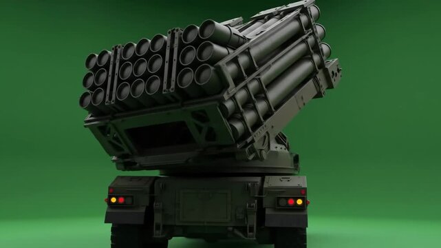 MLRS Rocket Launcher Rear View Green Screen - A rear view of a Multiple Launch Rocket System (MLRS) on a green screen background. The rocket pods are fully loaded and the launcher is angled upwards.