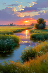 Obraz premium Serene sunset over a tranquil river with lush greenery.