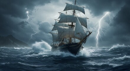Stormy sea adventure sailing ship