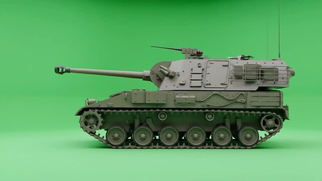 Self-Propelled Mortar System on Green Screen - A detailed side profile of a self-propelled heavy mortar system is shown against a bright green screen background.