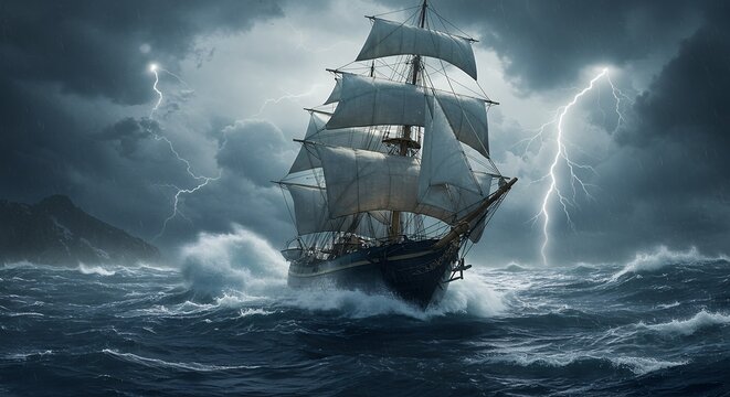 Stormy sea adventure sailing ship