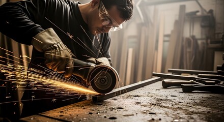 Man grinding metal with safety glasses and gloves in a workshop creating bright orange sparks