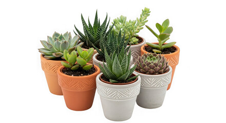 Fototapeta premium Collection of various potted succulents in terracotta and ceramic pots isolated on transparent background, adding a touch of nature