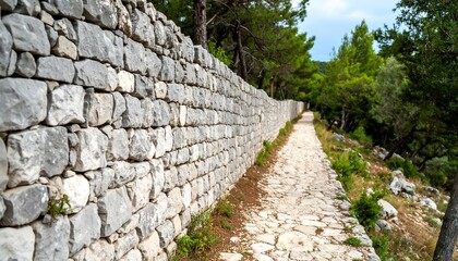 A weathered stone wall borders a winding path through a lush green hillside.