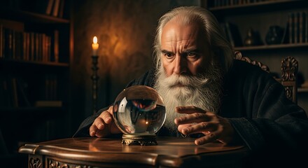 Elderly wizard gazing at crystal ball