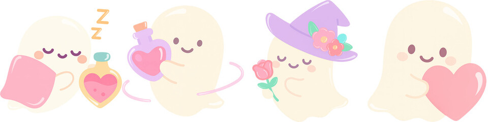 Cute ghost halloween love potion clipart png romantic pastel illustration holding heart bottle flower sleepy joyful