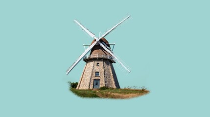 A Graceful windmill stands tall against a serene pastel blue sky—calm energy in motion.