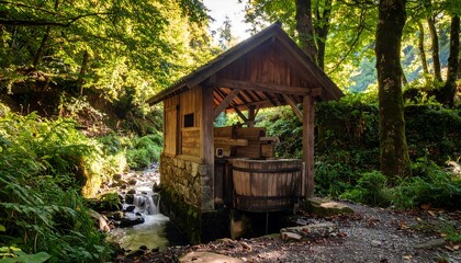 Rustic wooden structure sheltered by trees, a tranquil water feature, and a weathered wooden basin, creating a serene outdoor scene.