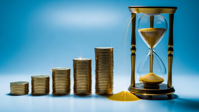 Stacks of coins and hourglass on blue background symbolizing time and money