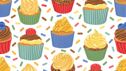 Cupcakes with cream, raspberry, ganache and chocolate chips and sprinkles. Holiday vector seamless pattern. Holiday desserts, pastries.