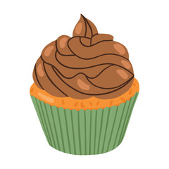 Delicious cupcake icon with chocolate cream. Dessert vector illustration design. Muffin isolated on white