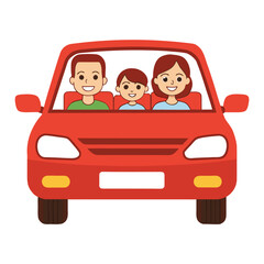A happy family of three is driving in a red car, isolated on white background vector illustration