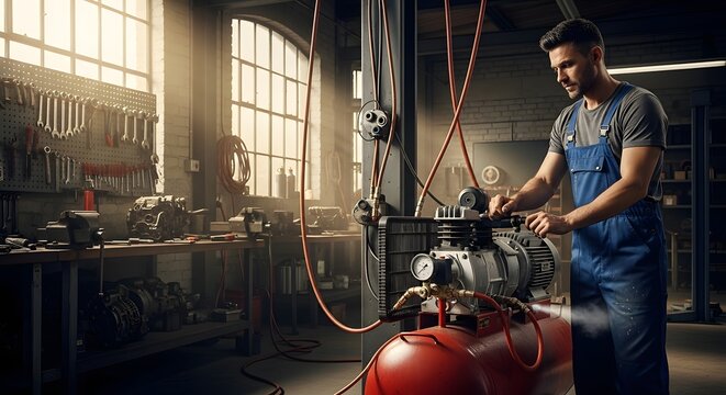 Man working on air compressor in a garage with tools and equipment visible in the background area now
