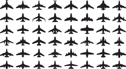 Fototapeta premium Collection of Black Airplane Silhouettes on White Background aircraft aviation