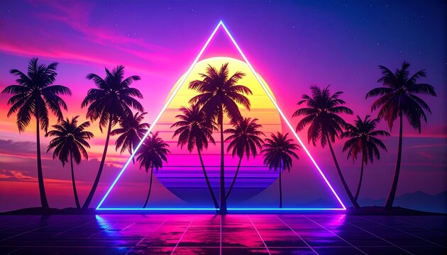 Retro sunset scene with palm trees and neon triangle