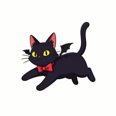 A charming cartoon black cat with adorable bat wings and a vibrant red bow tie playfully prances, embodying a whimsical Halloween spirit.