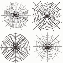 Obraz premium A captivating collection presents four distinct, spooky spider web illustrations, each featuring a detailed arachnid at its core, ideal for Halloween or nature projects.